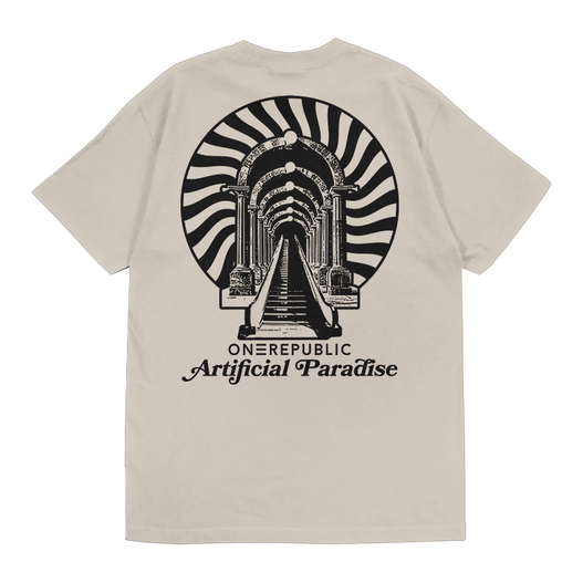 OneRepublic Artificial Paradise parchment tee, back, archway staircase print