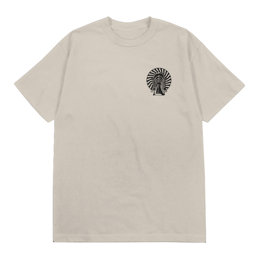 OneRepublic Artificial Paradise parchment tee, front, small archway left-chest print